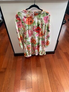 Zara Floral Print Dress in White with Pink, Orange & Green cut out back Cute!